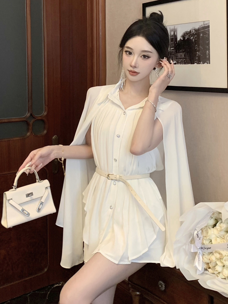 Corset Waist Cinch - Elegant White Shawl Collar Pleated Chiffon