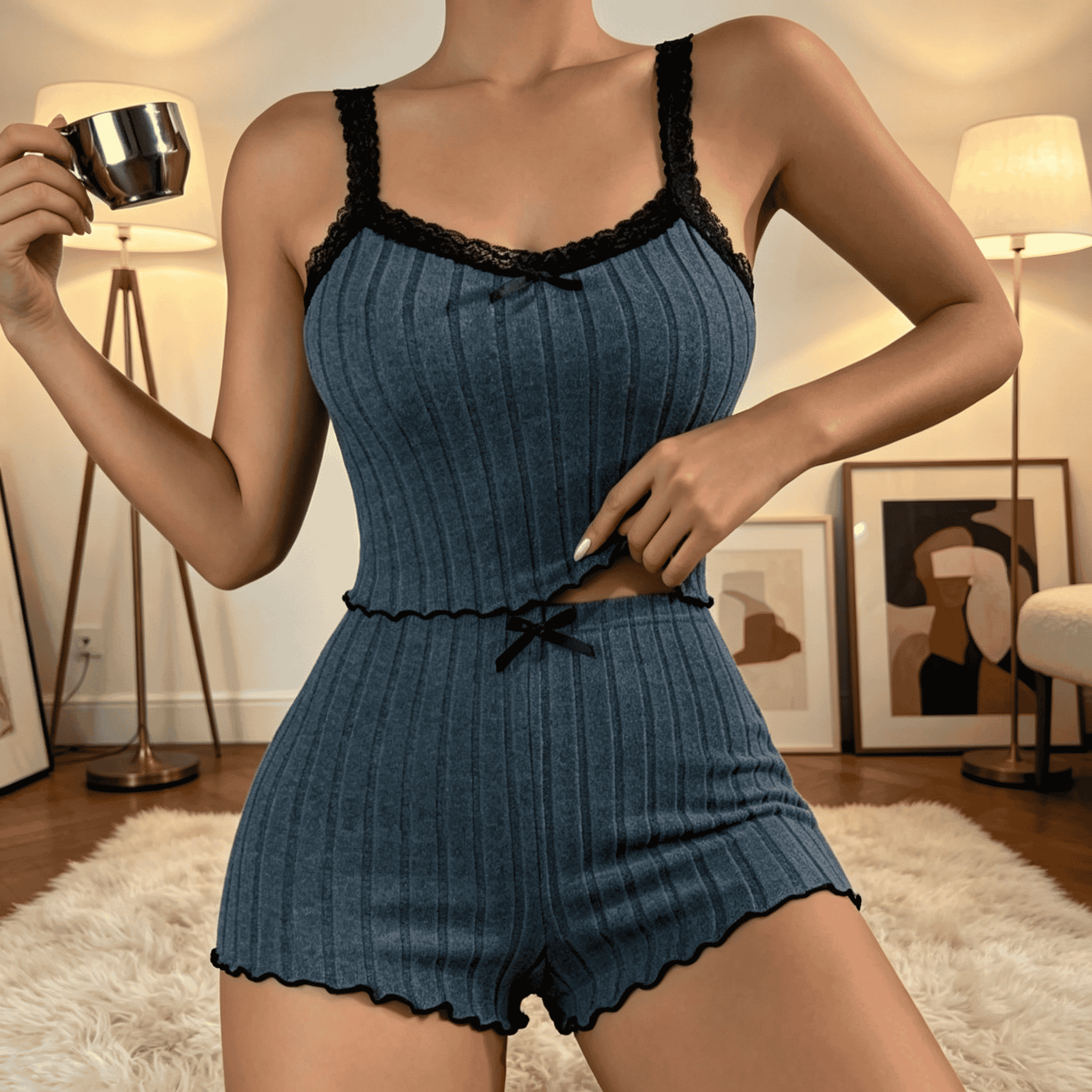 Women Cute Summer Ribbed Knit  - Cami Top Lace incelemesi ve fiyatı