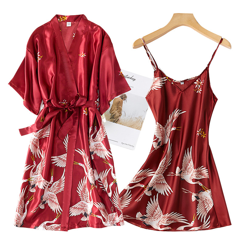 Burgundy Women 2PCS Faux Silk  - Robe Silk Women incelemesi ve fiyatı